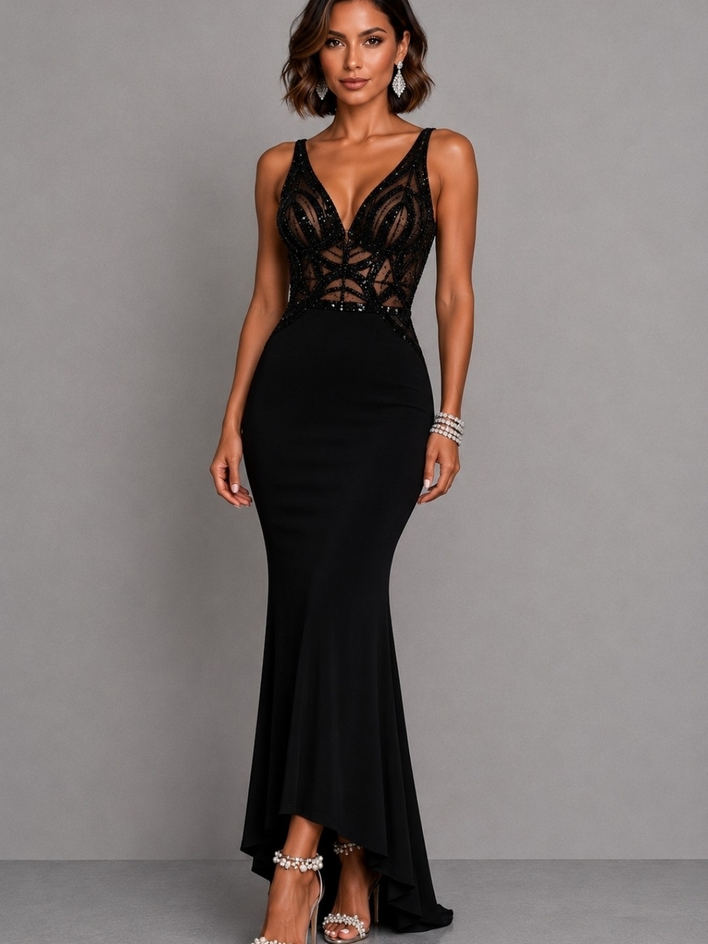 Sean Collection Black and Nude Tulle Evening Beaded Dress Sz 8